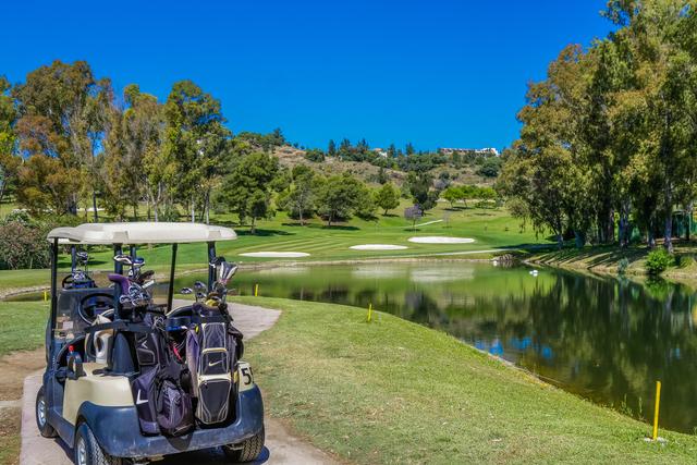 Buggy on path overlooking lake at Atalaya Park Golf Course