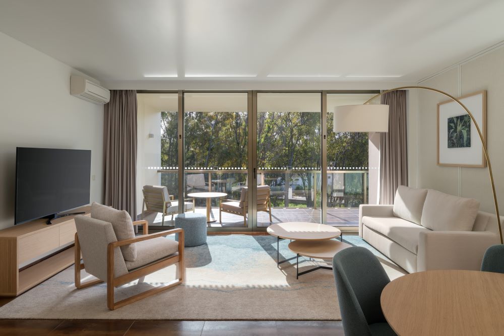 Living area with huge bay window at Marriott Residences Salgados Resort in the Algarve, Portugal