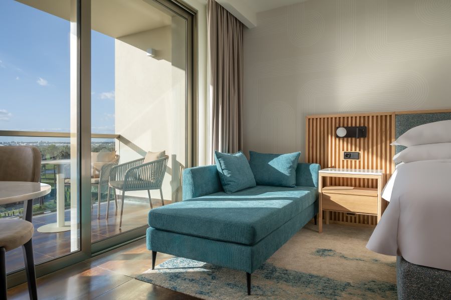 Algarve Marriott Blue sofa in room at Residences Salgados Resort & Conference Centre