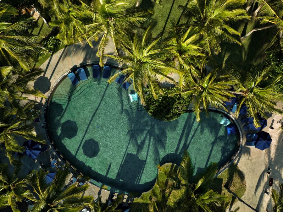 Swimming pool surrounded by palm trees at Constance Belle Mare Plage Hotel Mauritius