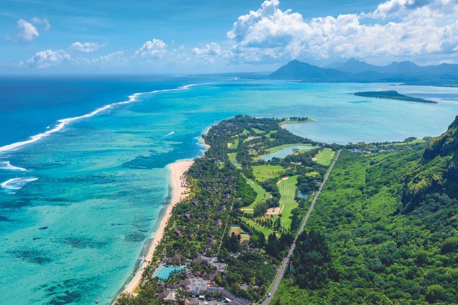 Resort from the air at Dinarobin Beachcomber Golf Resort & Spa