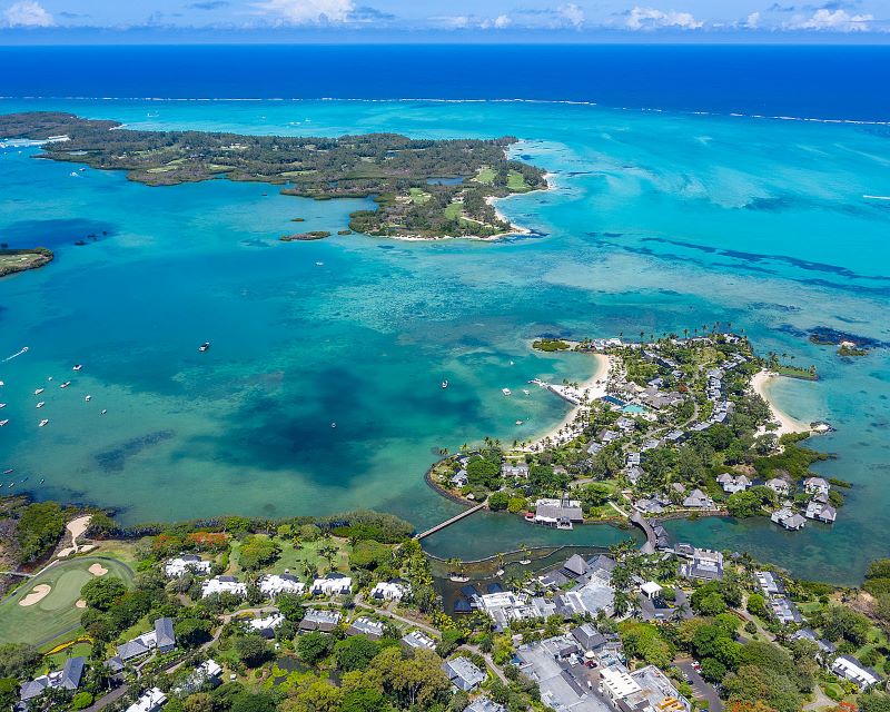 Resort from the air with the Indian Ocean in front at Four Seasons Resort Mauritius at Anahita