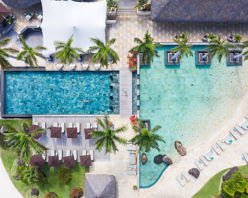 Swimming pool from the air at Four Seasons Resort Mauritius at Anahita