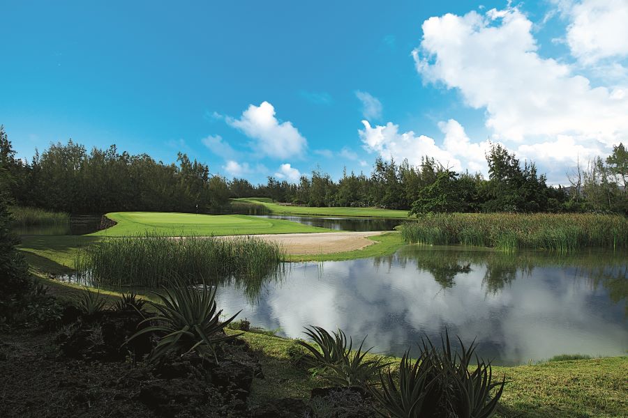 Blue sky overlooking the golf course at Ile aux Cerfs Golf Club in Mauritius