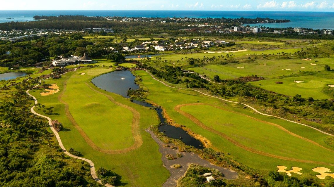 Fairways and lake from the air at Mont Choisy Le Golf in Mauritius