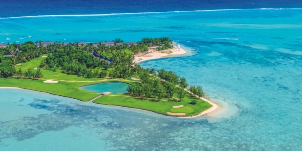 Paradis Golf Club in Mauritius, surrounded by turquoise water