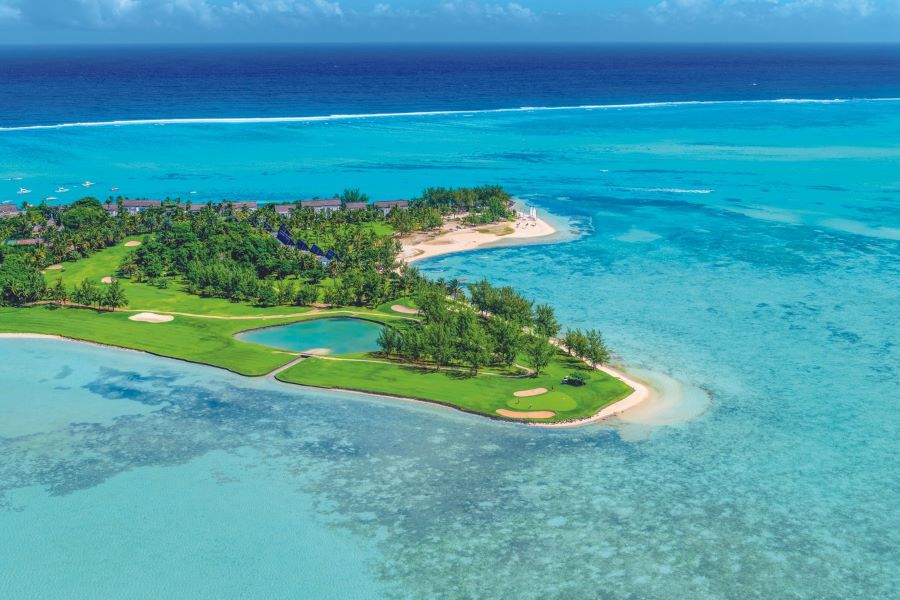 Paradis Golf Club in Mauritius, surrounded by turquoise water