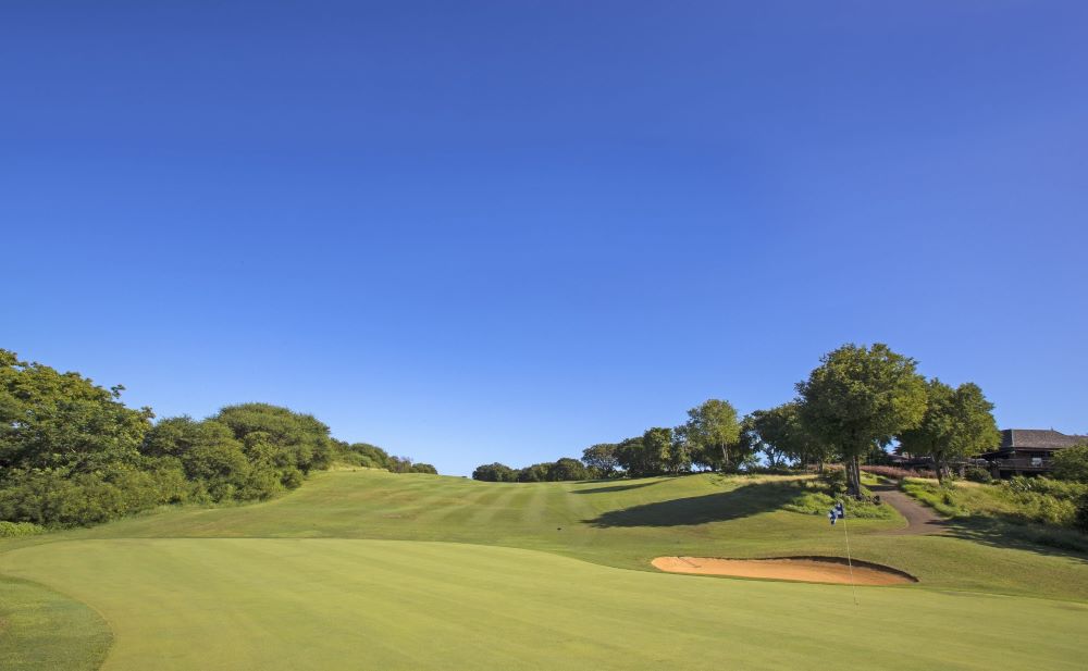 Blue sky above and green trees lining the fairways at Tamarina Golf Club