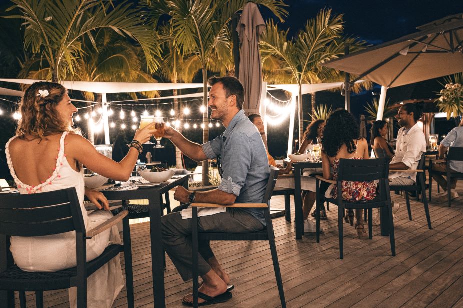 Decking area with bars and stools at Tamarina Golf & Spa Boutique Hotel