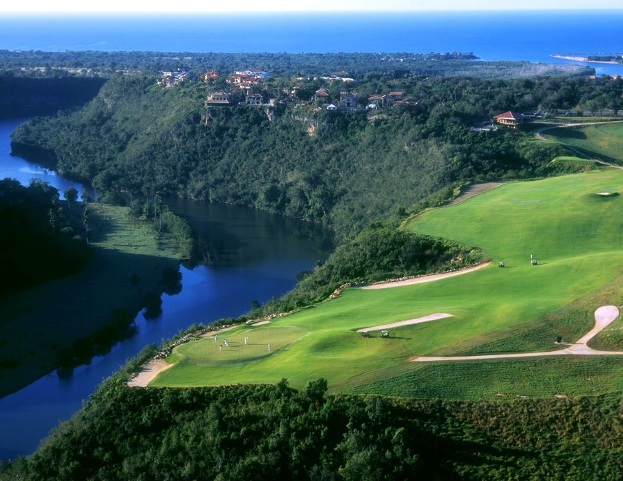 Fairway and putting green high on the hill top at Dye Fore Golf Course at Casa De Campo