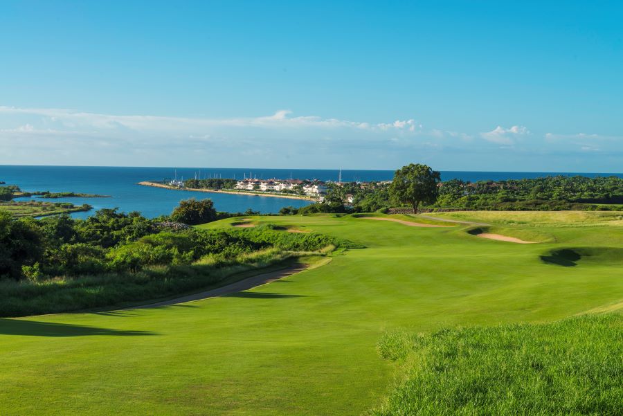 Views down to the marina from the fairway at Dye Fore