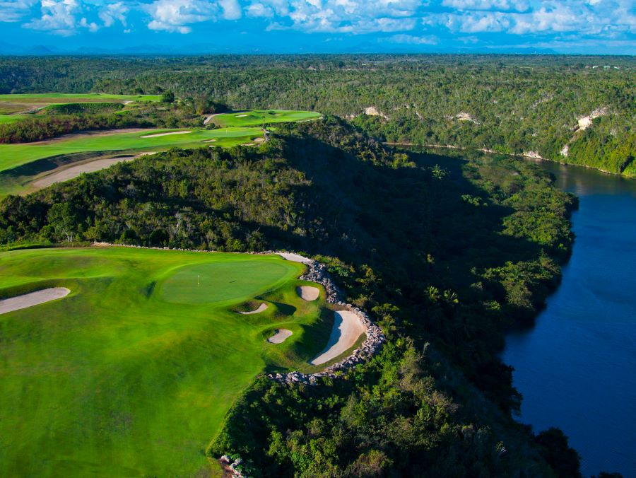 Amazing view of the putting green perched on the cliff top at Dye Fore Golf Course in Dominican Republic