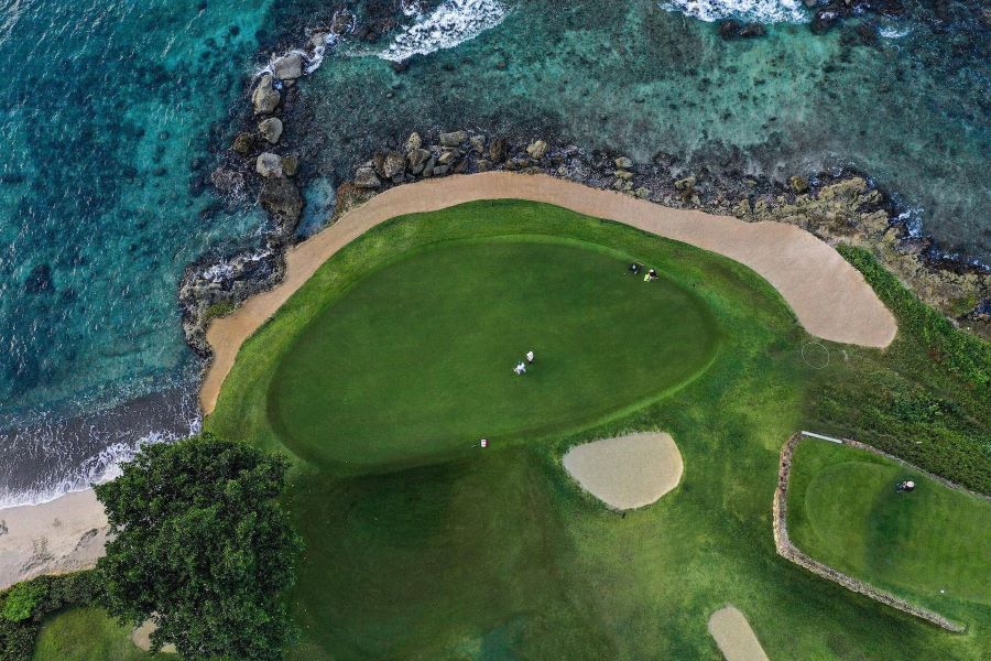 Drone shot of the putting green at Teeth of the Dog in Dominican Republic