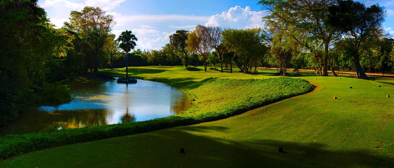 Lake to the left and green bank up to the golf course on the right at The Lakes Barcelo Course