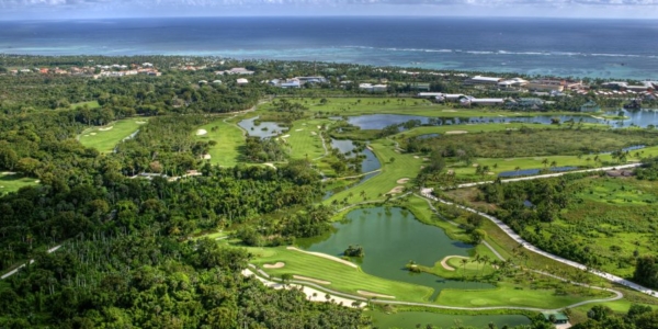 The Lakes Barcelo Course from the air with the sea in the distance