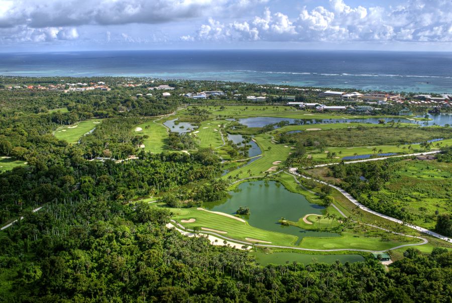 The Lakes Barcelo Course from the air with the sea in the distance