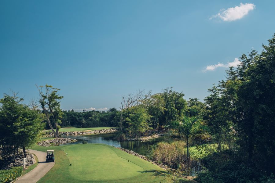 Blue sky and green trees surrounding the golf course at Iberostar Bavaro Golf Club