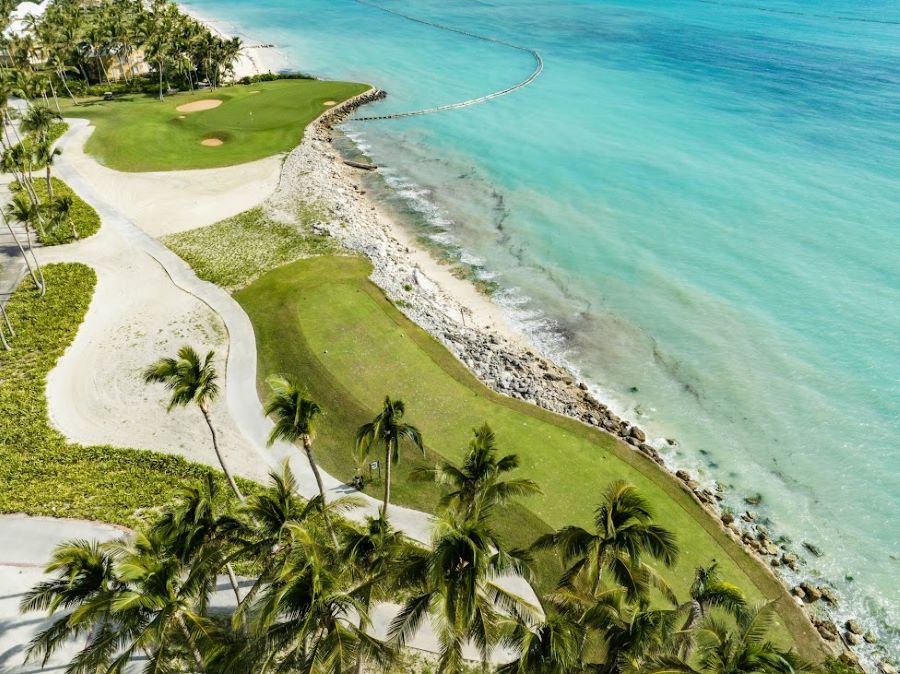 Turquoise water from the seat against the hole at La Cana Golf Course in the Dominican Republic