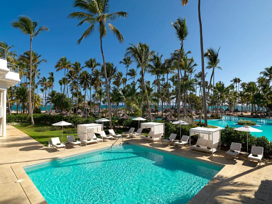 Cabanas surrounding one of the pools at Melia Punta Cana Beach Resort